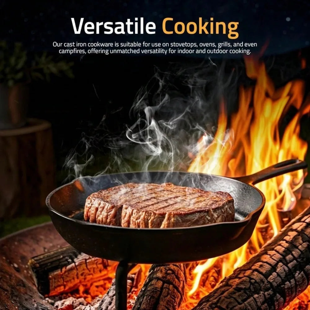 3-Piece Cast Iron Skillet Set – Pre-Seasoned Chefs Pans for Oven, Stove, Grill, or Campfire, Black