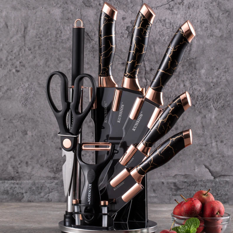 Kitchen Knife 9pcs Acrylic Knife Holder Stainless Steel Slicing Knife Bread Knife Fruit Knife Chef Knife