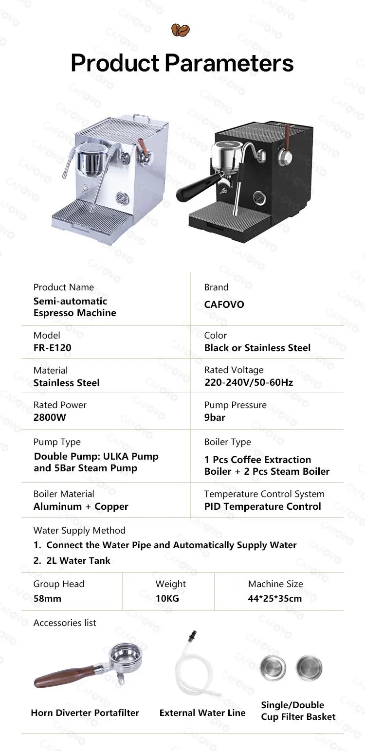 CAFOVO E120 Semi-automatic Espresso Machine ULKA Pump 9Bar OPV System 3 Boiler with OLED Display for Cafe Coffee Maker 220V