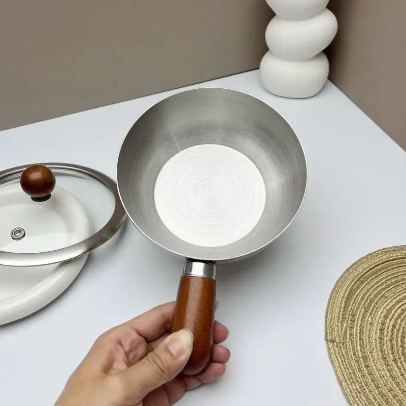 ♥Stainless Steel Saucepan with Wooden Handle - Single-Size Cookware for Boiling/Sauces, Induction & Gas Stove Compatible Pan