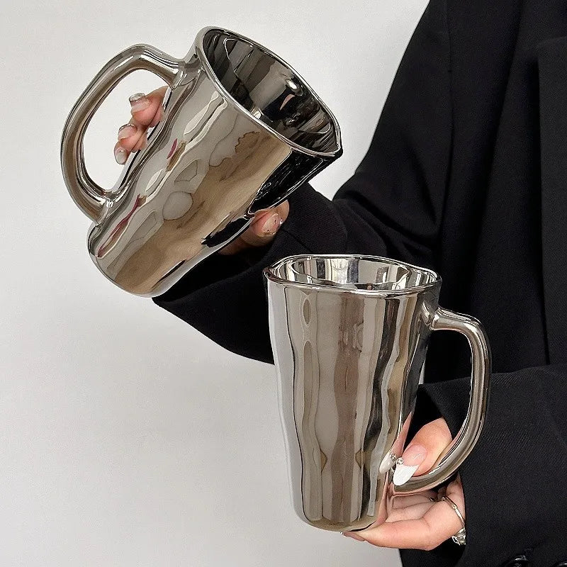 Creative Silver Mug with Handle Milk Cup Coffee Cup Modern Simple Universal Water Cups Drinkware Home Decoration Gift