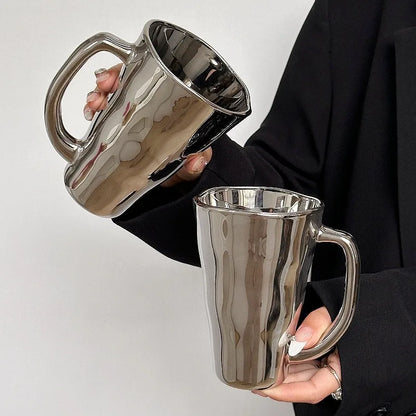 Creative Silver Mug with Handle Milk Cup Coffee Cup Modern Simple Universal Water Cups Drinkware Home Decoration Gift