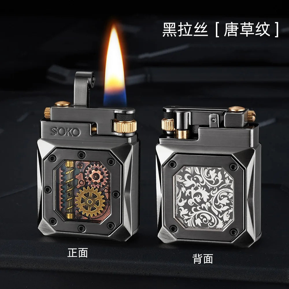 2026 Mechanical Style Press Open Cover Open Flame Kerosine Lighter Zinc Alloy Double sided Pattern Visual Oil Tank Lighters Gift