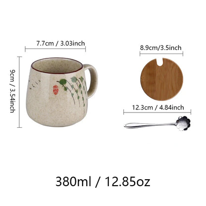 YWDL 350ml Japanese Ceramic Coffee Mug With Lid And Spoon Milk Breakfast Cups Home Heat-resistant Teacup Tumbler Water Mug Gift