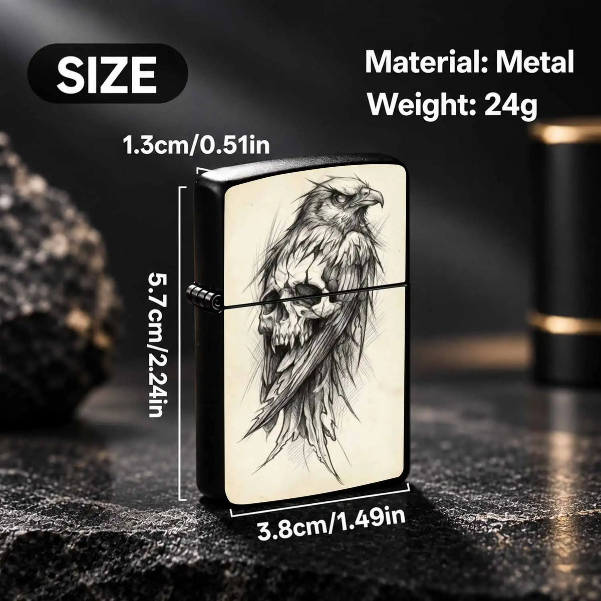 Dark Style Hawk Skull Sketch Portable Lighter, Retro Artistic Decor Carry-On Ignition Tool, Suitable For Daily Travel Outdoor Trips Multiple Scenarios, Trendy Aesthetic Practical Gift Item With Unique Hand-Drawn Texture A Hum