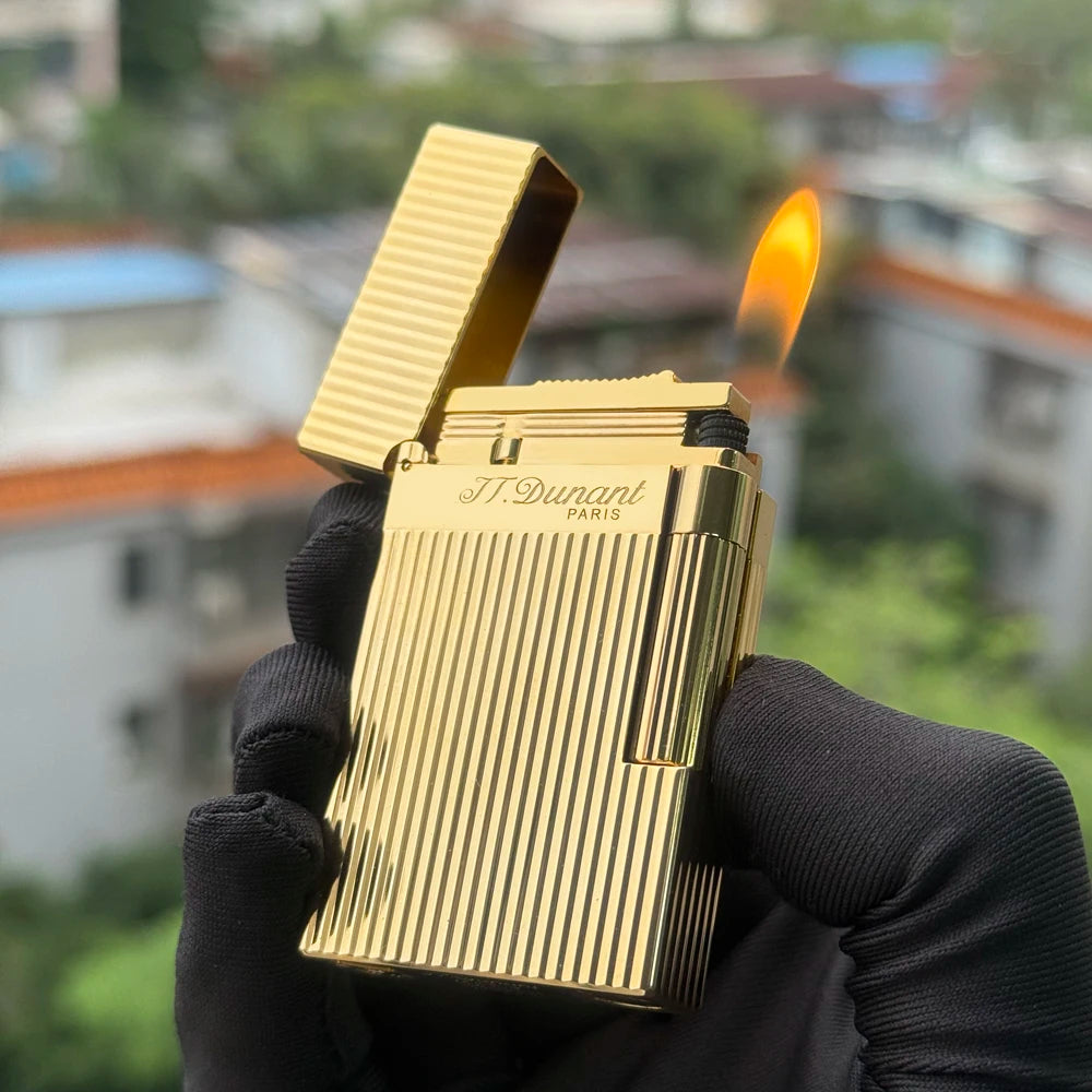Brass Vertical Pattern Gas Lighter, Ping Sound Soft Flame Refillable Butane Vintage Lighter for Men Cigarette Cigar