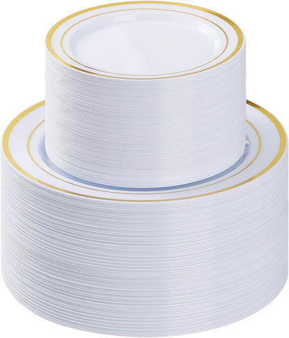 200PCS Gold Disposable Party Plates Set, 100 Dinner & 100 Dessert Plates for Wedding Birthday Events