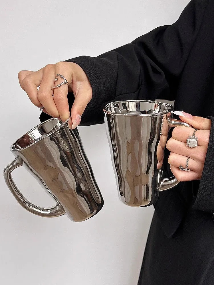 Creative Silver Mug with Handle Milk Cup Coffee Cup Modern Simple Universal Water Cups Drinkware Home Decoration Gift