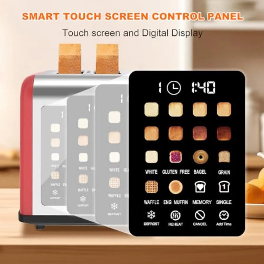2 Slice Toaster with Touch Screen Stainless Steel Red Digital Timer 8 Shade Settings 6 Bread Types for Bagel Cancel Defrost