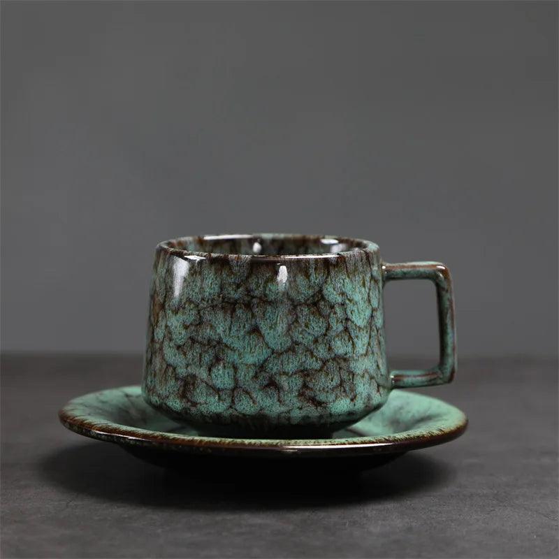 Traditional Arabic Coffee Cup and Dish Set Middle Eastern Style Kiln Transformed Coarse Ceramic Retro Handmade Mug