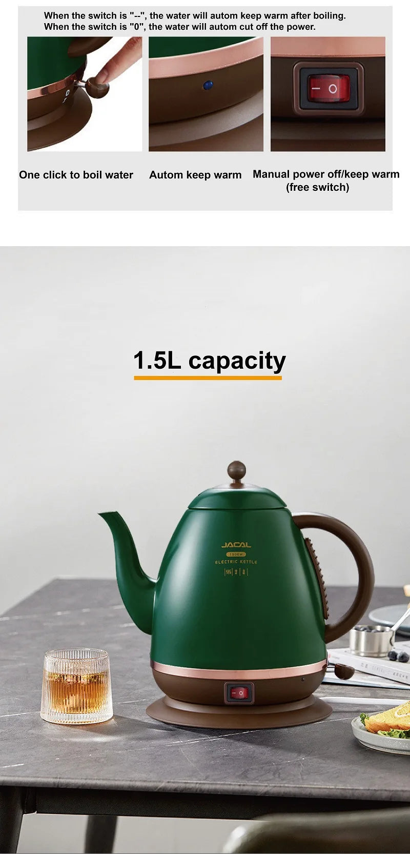 1500ml Electric Kettle Household Quick Boiling Kettle Long Spout Tea Kettle Retro Automatic Thermos Kettle Kitchen Tool 220V
