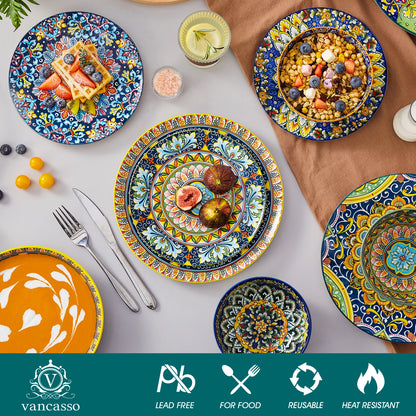 vancasso 24 Pcs Dinnerware Sets Bohemian Double Side Porcelain Ceramic Plates Set with 6PCS Dinner Plate/Dessert Plate/Soup/Bowl