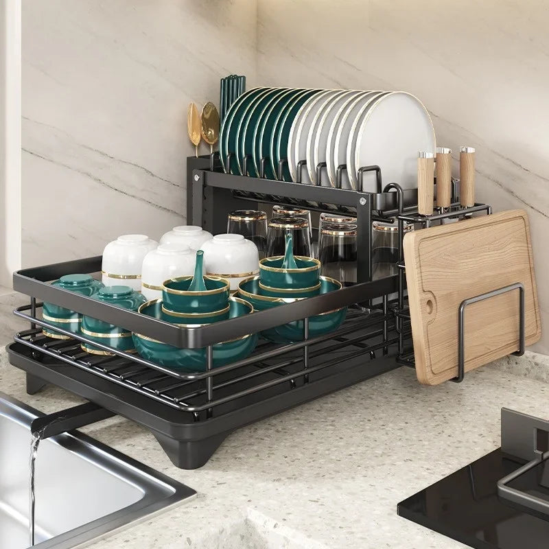 Kitchen Dish Drain Rack Plates Bowls Chopsticks Carbon Steel Storage Rack with Drain Board Sink Countertop Tableware Storage