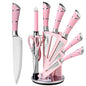 9-Piece Set Stainless Steel Kitchen Knives - with Storage Rack - Ultra-sharp Chef's Knife for Home Cooking Essentials Pink/White