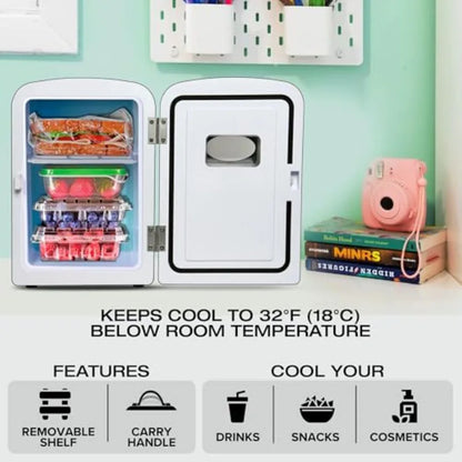 Mini Fridge- Black Refrigerator 6 Can Portable Cooler for Bedroom Office Dorm Car Compact Fridge for Drinks Makeup Skincare Dua