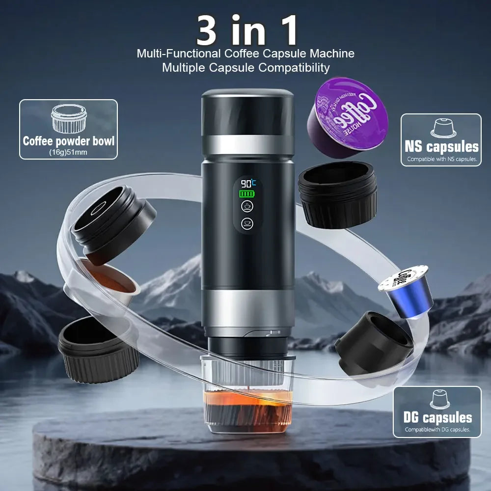 DENOKIN 3-in-1 Portable Espresso Coffee Machine With Digital Display Removable Battery for Car & Home Camping Coffee Maker