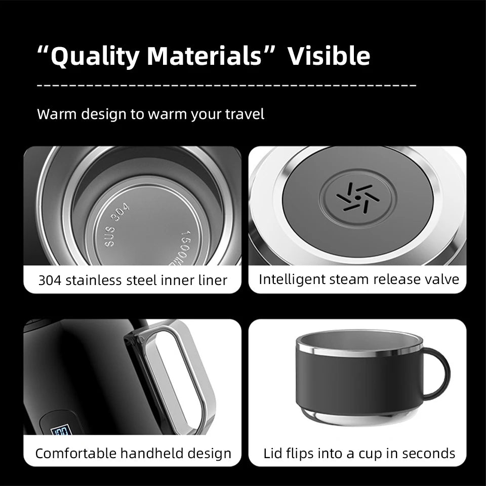 12V/24V Universal Car Kettle 1300ML/1500ML Large Capacity Smart Electric Water Heater LCD Display Temperature Control Stainless