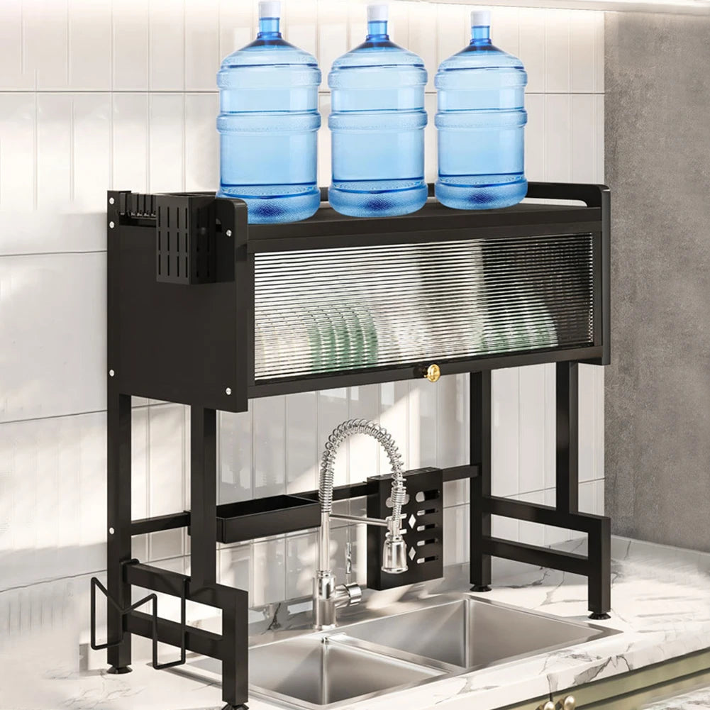Kitchen Drain Shelf Steel Multi-Functional Kitchen Storage Rack Kitchen Sink Organizer Large Over The Sink Dish Rack with Cover