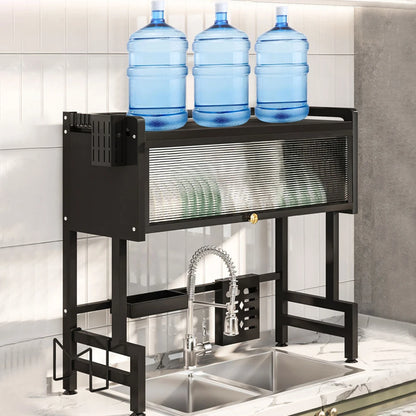 Kitchen Drain Shelf Steel Multi-Functional Kitchen Storage Rack Kitchen Sink Organizer Large Over The Sink Dish Rack with Cover