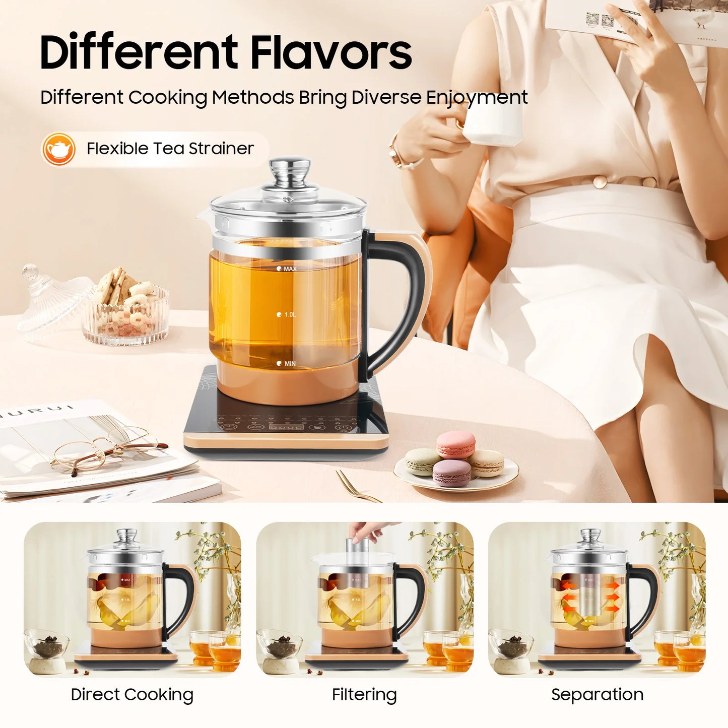 Electric Tea Kettle 1.8L 800W Electric Health Pot with 12 Independent Warming Stages with 18 Menu Portable Kettle for Tea Coffee