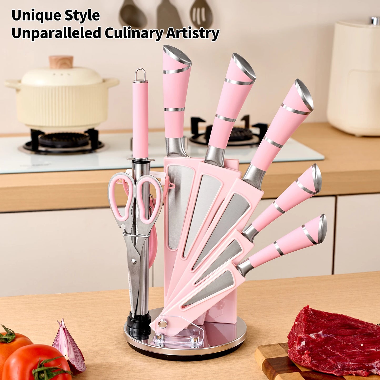 9-Piece Set Stainless Steel Kitchen Knives - with Storage Rack - Ultra-sharp Chef's Knife for Home Cooking Essentials Pink/White