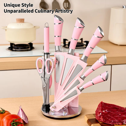 9-Piece Set Stainless Steel Kitchen Knives - with Storage Rack - Ultra-sharp Chef's Knife for Home Cooking Essentials Pink/White