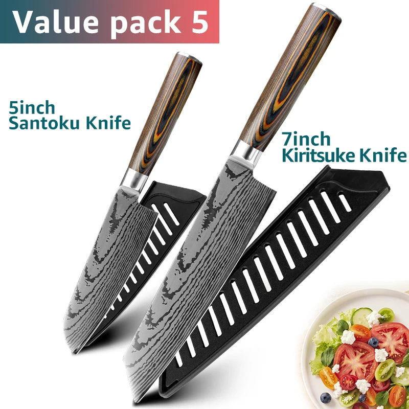 Kitchen Knife Set Professional Chef Knife 7CR17 Germany Stainless Steel Damascus Laser Meat Cleaver Slicing Santoku Cutter Tools
