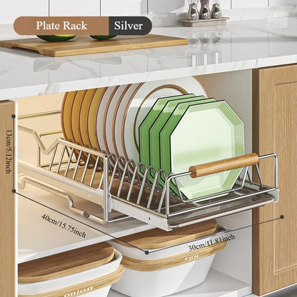 Pull-Out Under Kitchen Sink Organizer Dish Plate Drying Rack, Cabinet Layered Shelf, Pull-Out Basket for Spice Tableware Storage
