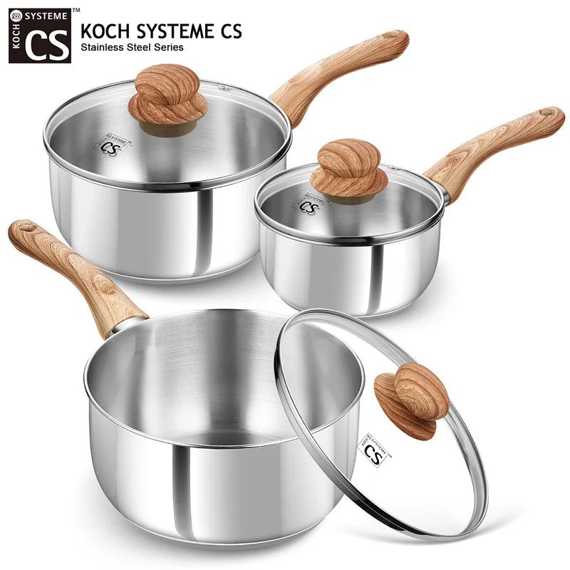 KOCH SYSTEME CS Stainless Steel Saucepan 1QT/2QT/3QT Milk Pot Stewpot with Heat-resistant Bakelite Handle Sauce Pans Induction