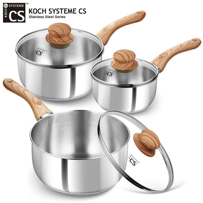 KOCH SYSTEME CS Stainless Steel Saucepan 1QT/2QT/3QT Milk Pot Stewpot with Heat-resistant Bakelite Handle Sauce Pans Induction