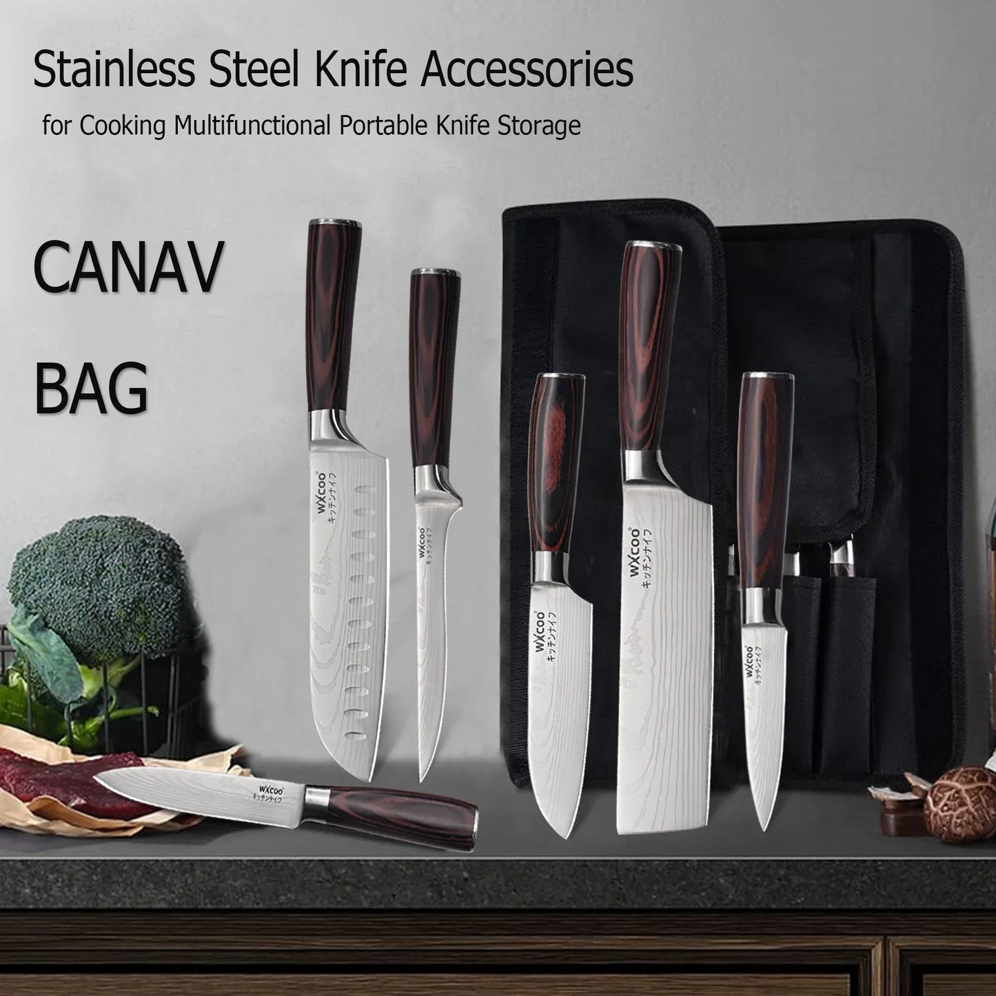 WXCOO Professional Chef Knife Damascus Japanese Stainless Steel Kitchen Boning Knives Set with Roll Canvas Bag