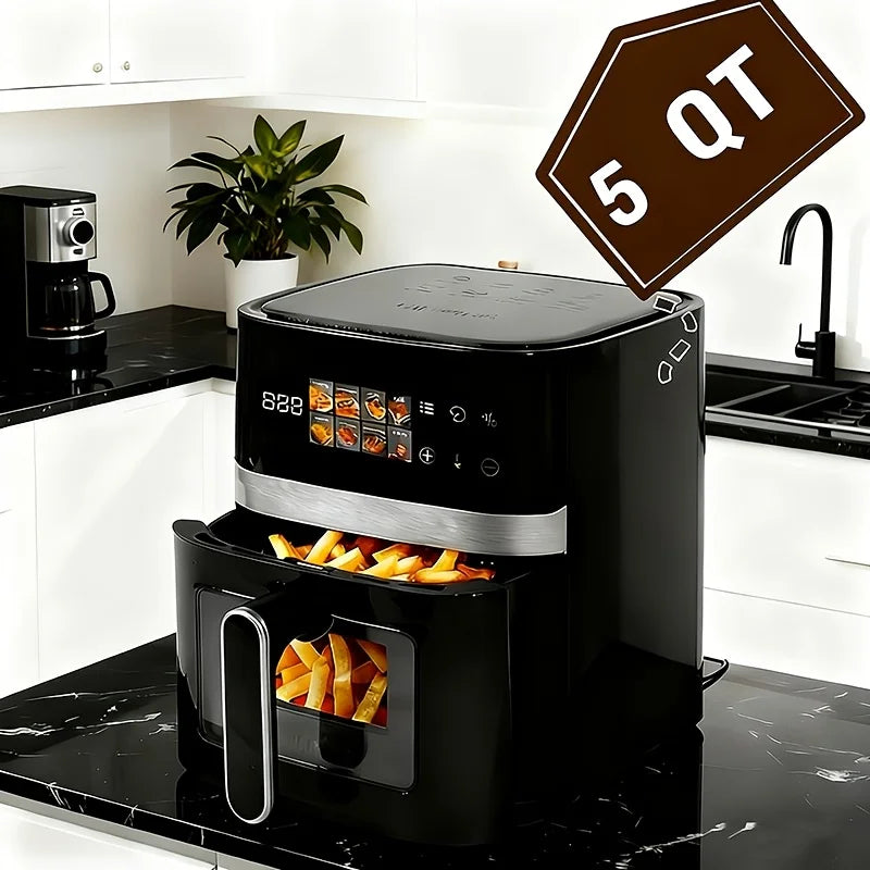 This 5-Quart Air Fryer Is an 8-In-1 Electric Hot Air Oven Equipped with an LED Touchscreen, Ensuring Even Heating of Food with a