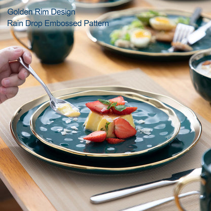 LOVECASA 16/32 Piece Green Porcelain Dinnerware Set with 4PCS Gold Trim Dessert Plate,Dinner Plate,Cup,Bowl Tableware Set