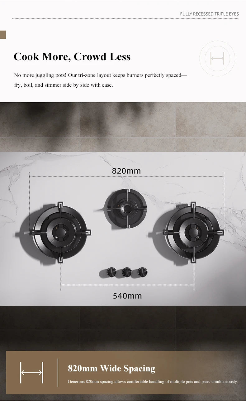 Premium Built-in Gas Cooktop 3-Burner 5.2KW Copper Flame Failure Protection Panel-Ready for Custom Kitchen