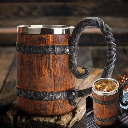600ml Viking Wood Style Insulated Beer Mug Double Wall Metal Drinking Cup Simulation Wooden Barrel Design Gift