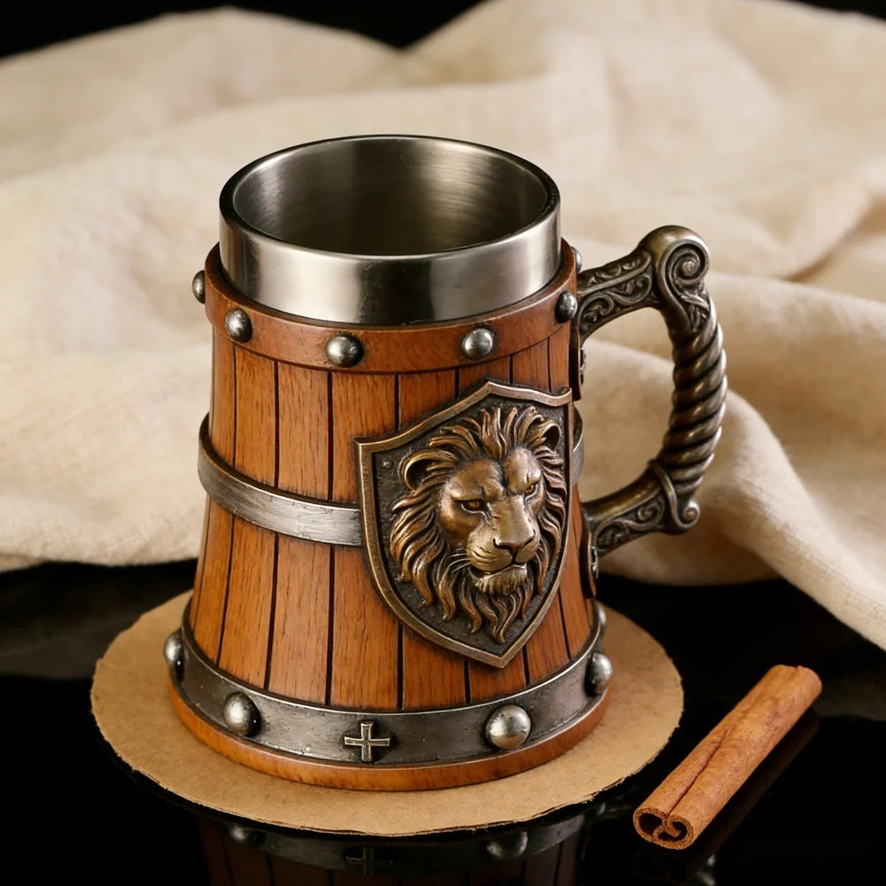 Medieval Lion Head Beer Mug Retro Wooden Look Tankard 304 Stainless Steel Inner Cup Vintage Gothic Stein Cup Gift for Men Father