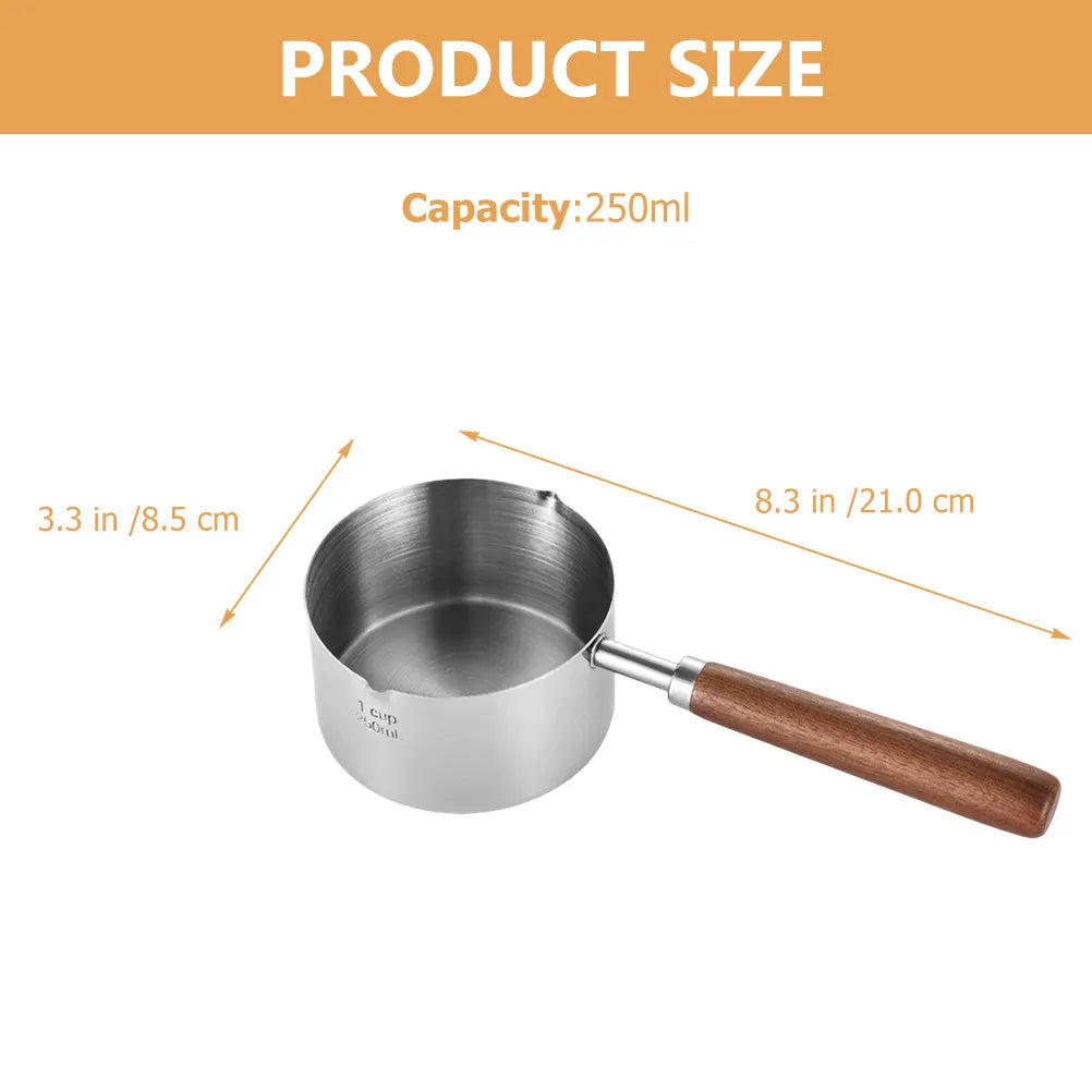 250Ml Stainless Steel Sauce Pan with Wood Handle Melting Bowl for Butter Chocolate Milk Oil Pour Spout Ergonomic Anti Scald