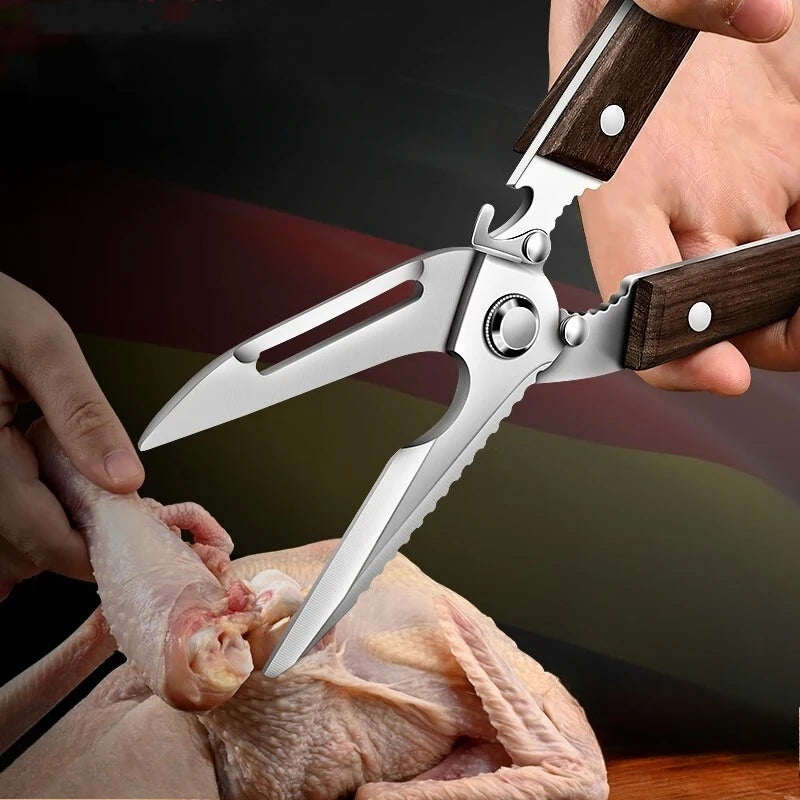 Premium Kitchen Scissors Wooden handle Stainless Steel powerful Chicken Scissors Bone Cutting Scissors Tool