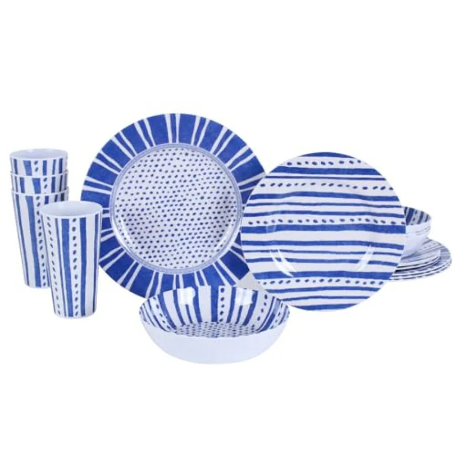 Melamine Dinnerware Set for 4-16 Pcs:Camping Dishes Set with Dinner PlatesSalad Plates Bowls and Cups.Lightweight and Unbreakab