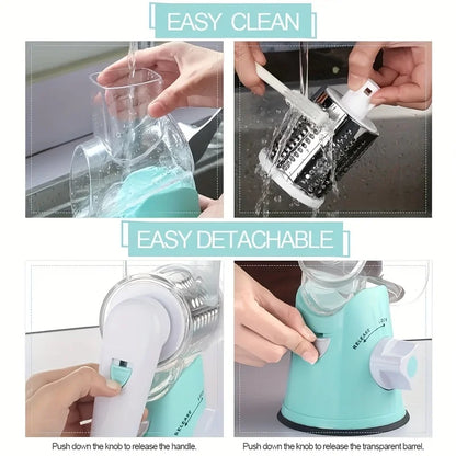 3-in-1 Rotary Cheese Grater & Vegetable Slicer - Food-Safe Plastic Kitchen Tool for Effortless Grating, Slicing - Easy Clean