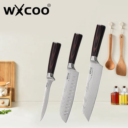WXCOO Santoku Butcher Carving Knife Japanese Kitchen Knives High Carbon Steel Knife Set Fruit Bread Meat Cleaver Boning Knife