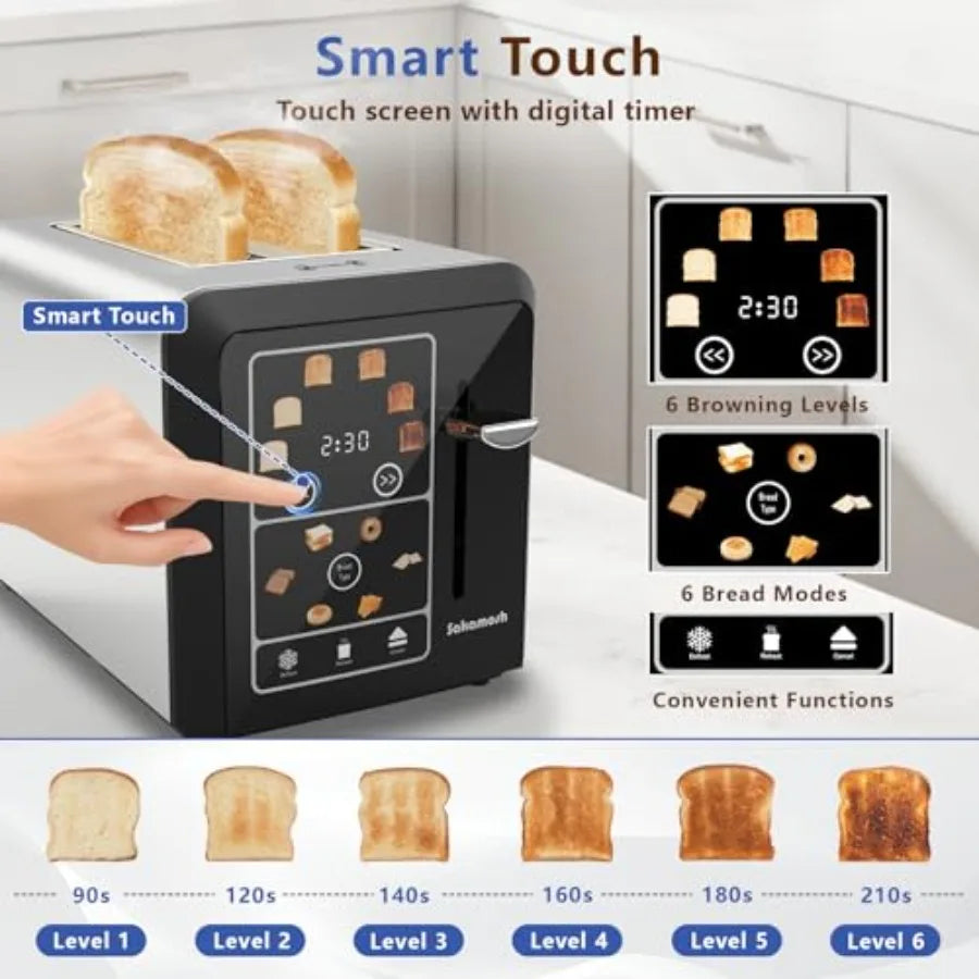 Touch Screen Toaster 2 Slice Smart Digital Toasters 6 Browning Levels and 6 Bread Types Bagel Memory Function Timer Stainless S