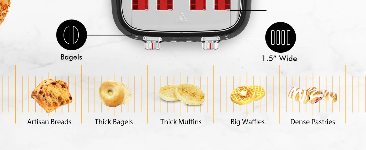 4 Slice Toaster, 1.5" Extra Wide Stainless Steel Slots, Dual Controls, Removable Crumb Tray, 6 Shade Settings, Black