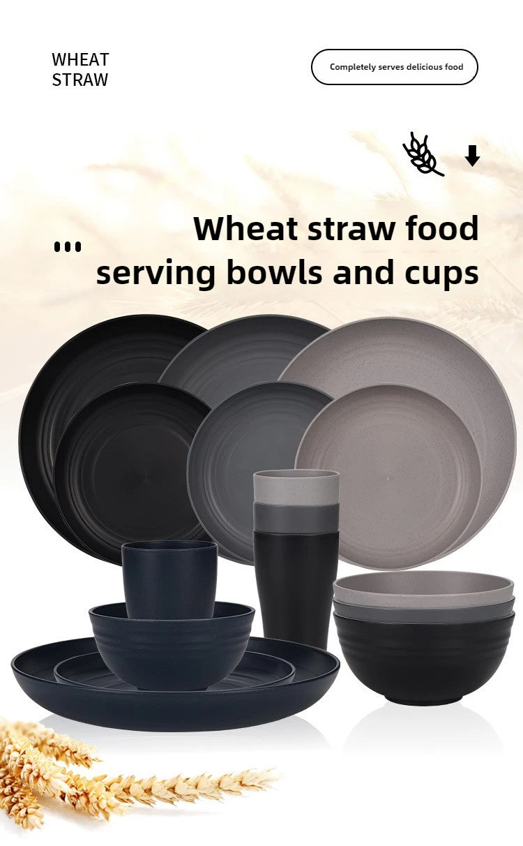 Natural Wheat Straw Tableware Set Dinnerware Sets Biodegradable Unbreakable Plates, Bowls, Cups Lightweight for Kitchen Camping