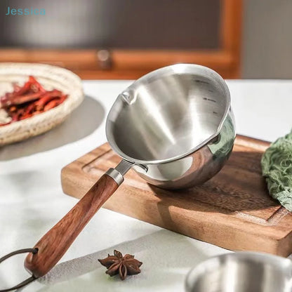 ♥Stainless Steel Oil Sprinkling Small Pot With Wooden Handle Hot Oil Pot Milk Pan Kitchen Multifunction Saucepan