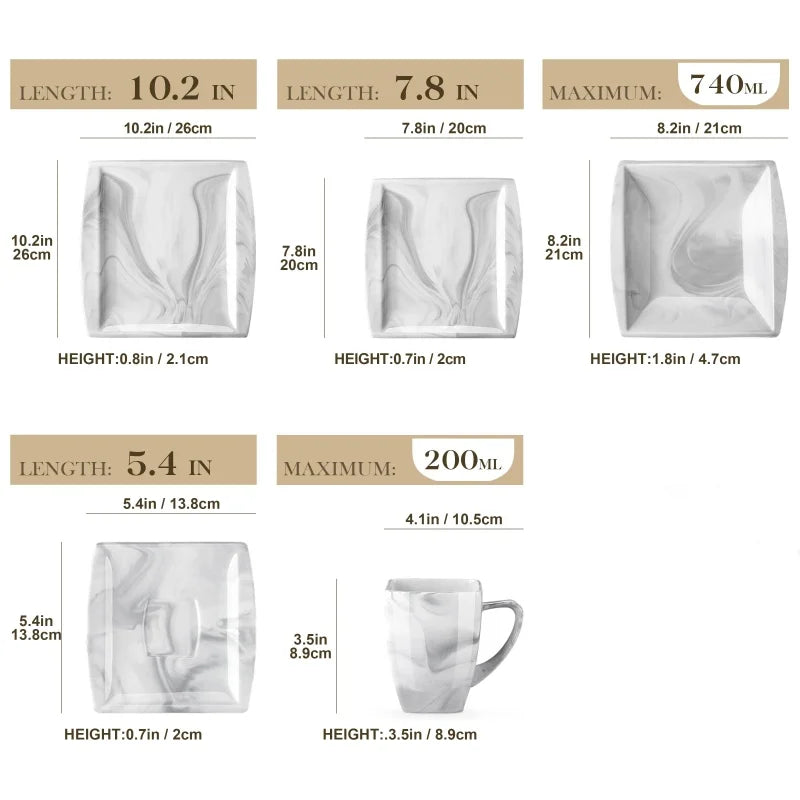30PCS Marble Grey Porcelain Tableware Dinnerware Set with 6PCS Dessert/Soup/Dinner Plate/Cup/Saucer,Plates and Bowls Sets,FLORA