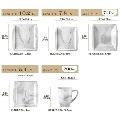 30PCS Marble Grey Porcelain Tableware Dinnerware Set with 6PCS Dessert/Soup/Dinner Plate/Cup/Saucer,Plates and Bowls Sets,FLORA