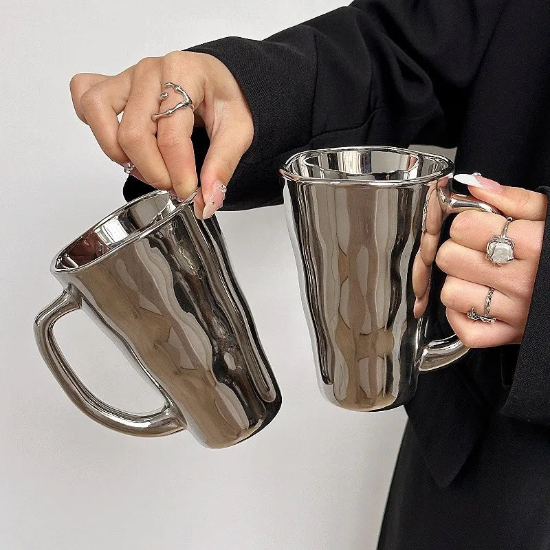 Creative Silver Mug with Handle Milk Cup Coffee Cup Modern Simple Universal Water Cups Drinkware Home Decoration Gift