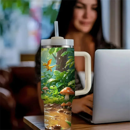 40oz Tumbler with Handle, Cute Cartoon Dinosaur Jungle Riding Print, Suitable for All Ages, Perfect for All Seasons, Great for Outdoor Activities And Fits Both Hot And Cold Drinks