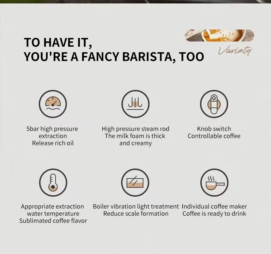 Espresso Coffee Machine with Steam Milk Frother, Semi-Automatic Coffee Maker 240ml 800W for Home Cappuccino Latte